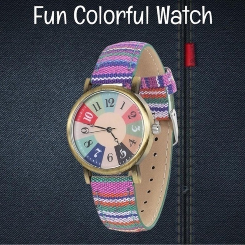 Colorful Dial w/Violet/Rainbow Striped Band Boho-Hippie-Playful 34mm Watch NWT